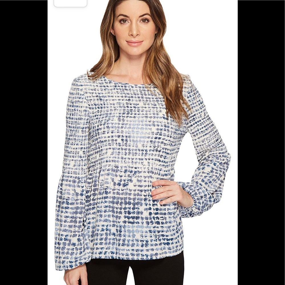 Ivanka Trump Women's Printed Georgette Smocking Ballong Long Sleeve Blouse